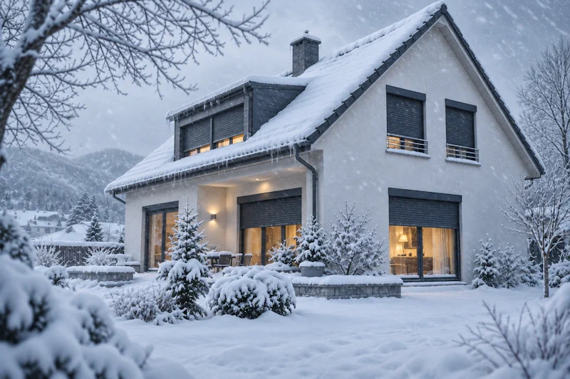 Maison avec volets roulants en hiver Maison équipée de volets roulants dans un paysage hivernal enneigé